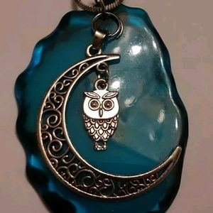 Blue& Black Stone w/Silver Crescent Moon Necklace
